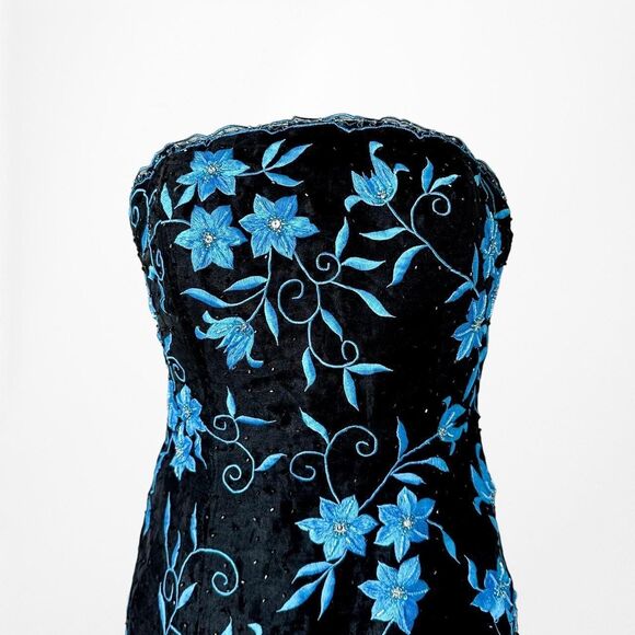 Vintage Black Blue Floral Beaded Strapless Maxi Bodycon Prom Dress Size XXS/XS - Picture 4 of 8